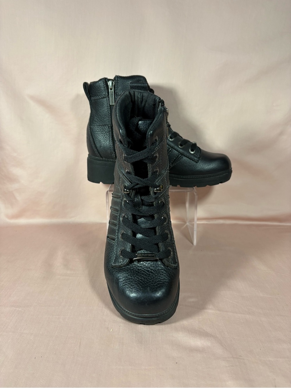 Harley Davidson Women's 9 Black Leather Tamia Lace-Up Side-Zip Motorcycle Boots - Picture 3 of 15